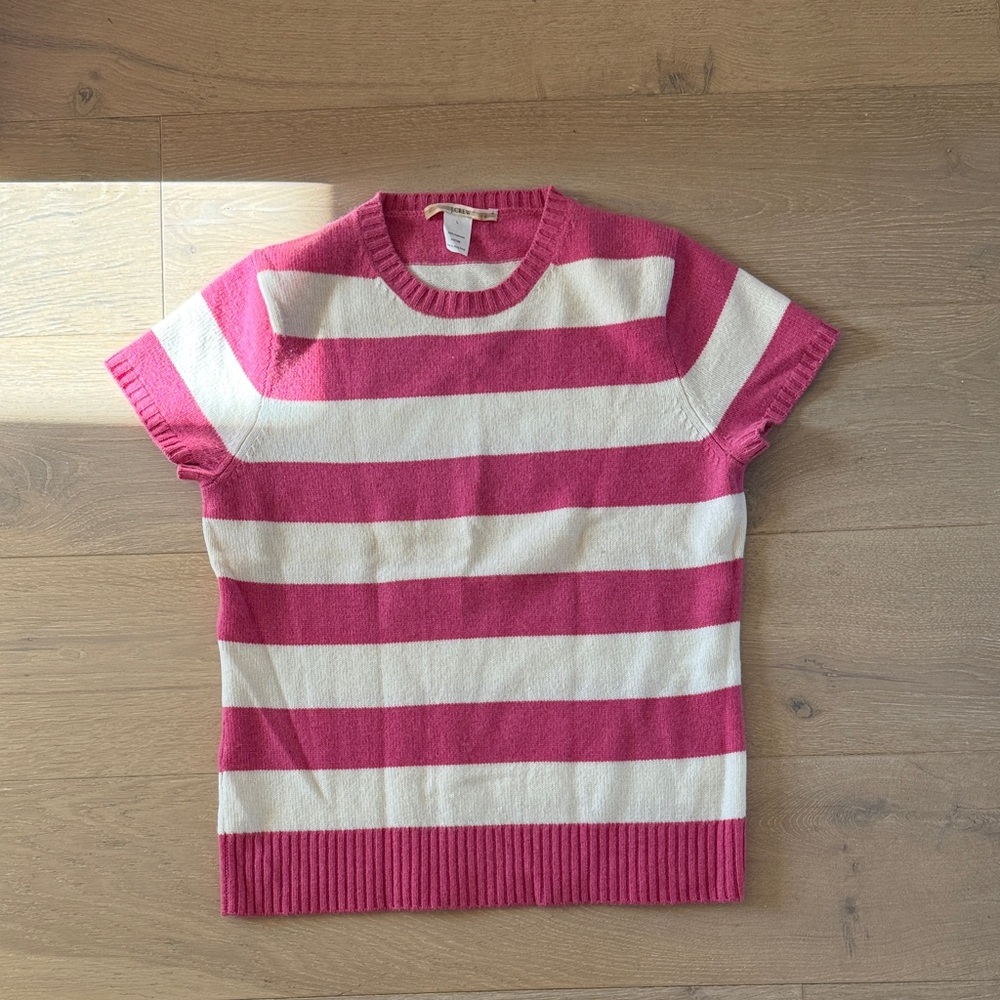 J. Crew Pink and White Striped Crew Neck 100% Cashmere Sweater